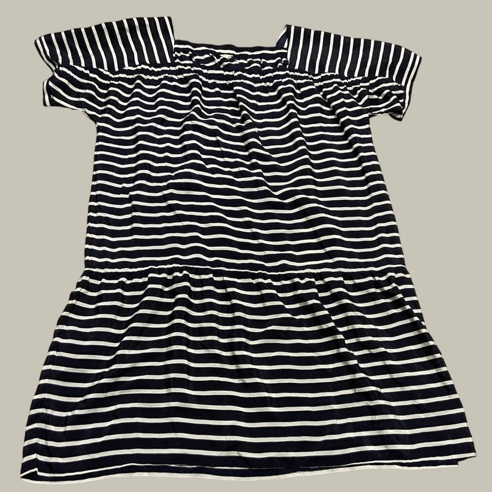 J.Crew 100% Silk Drop Waist Mini Dress Sheer Navy‎ Blue White Striped Womens L - Picture 2 of 11